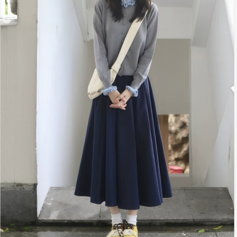 灰色花边领针织衫女2025秋季新款设计感韩系上衣女+半身裙套装女