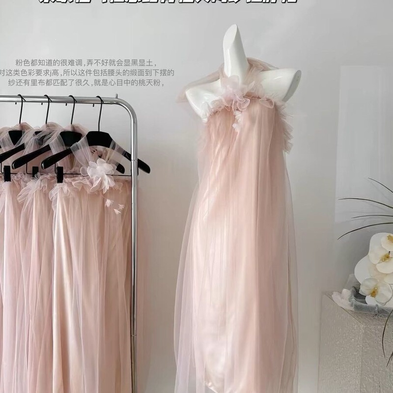 Tea Break French-Style Halter Neck Dress with a Fairy-Like Vibe, Birthday Mini Dress, Morning Robe, Seaside Vacation Beach Long Dress