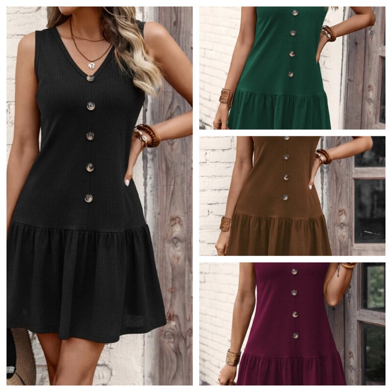 2024 European and American cross-border fashion rib button sleeveless mini dress