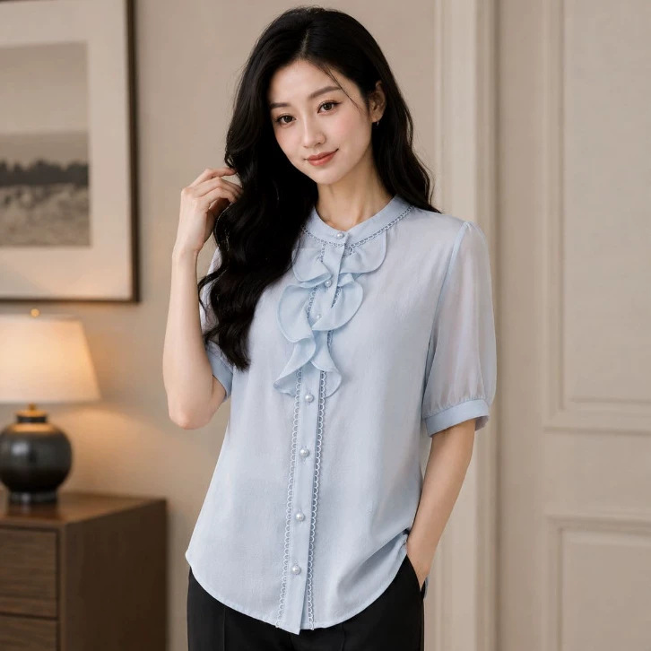 [Large Stock Available] 2026 New Cross-Border Fashion Versatile Solid Color Ruffled Short-Sleeve Top for Women