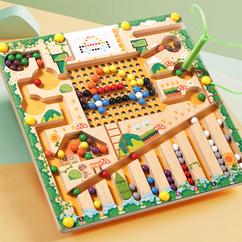 Wooden Magnetic Walking Beads Maze Toy Young Children's Brush Iron Suction Early Education Benefit Intelligence Logic Thinking Training Game
