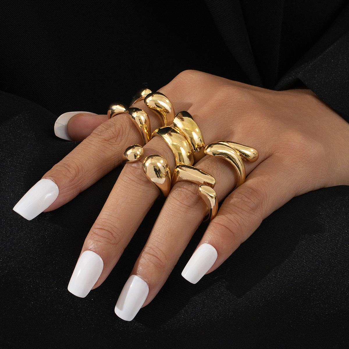 歐美跨境小眾金屬質感光面戒指套裝個性誇張不規則幾何開口食指戒