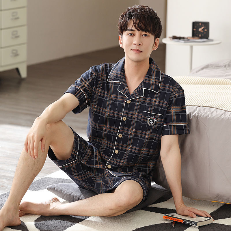 Pijamas de hombre ropa de verano 100% algodón pantalones de manga corta chaqueta juvenil traje de homewear delgado de mediana edad