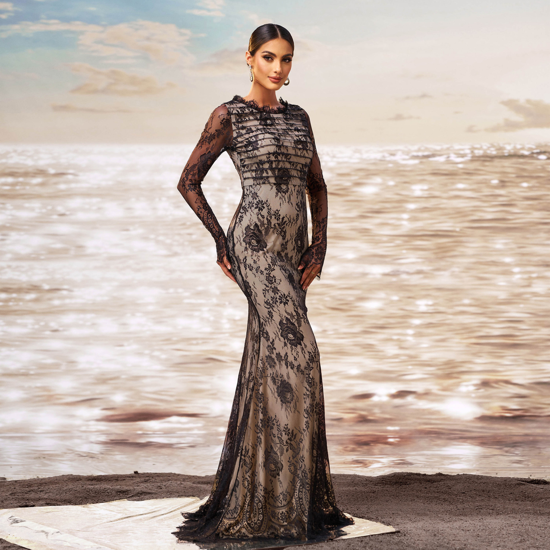 European And American New High End Long Sleeved Round Neck Banquet Mesh Hip Wrapped Fishtail Evening Dress Bridesmaid Dress Dress Women_ecoleips.com