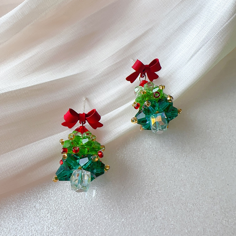Boucles d'oreilles en perles faites à la main pour fille mignonne avec nœud rouge et sapin de Noël_voghion.com