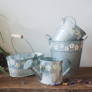Cross-border Dried Flower Flower Vessel Flower Tube Balcony Grocery Garden Flower Pot Tin Bucket Vintage Old Iron Art Thai Milk Bucket