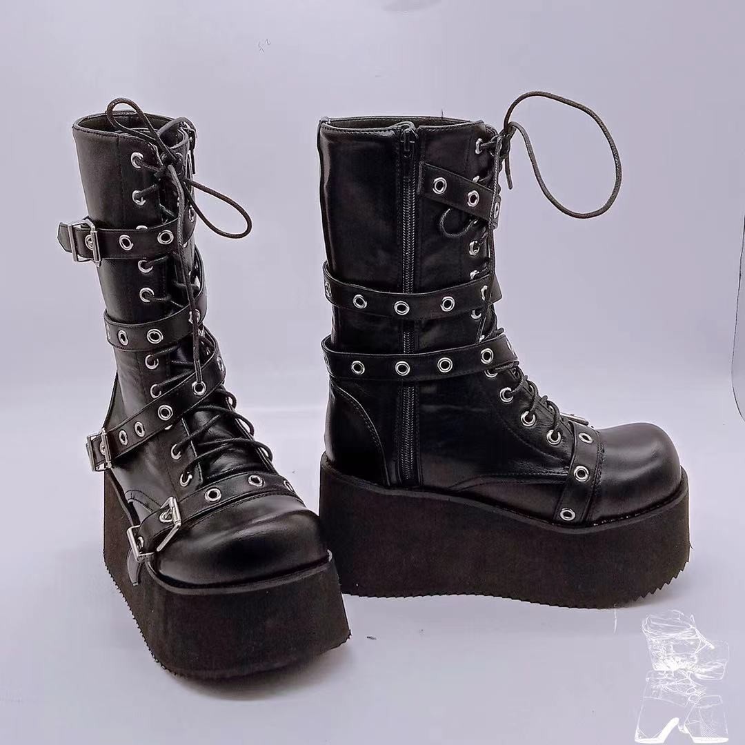 Botas cortas con plataforma y tira lateral con hebilla de cinturón punk para mujer, talla grande 43, botas de talla grande para mujer_voghion.com