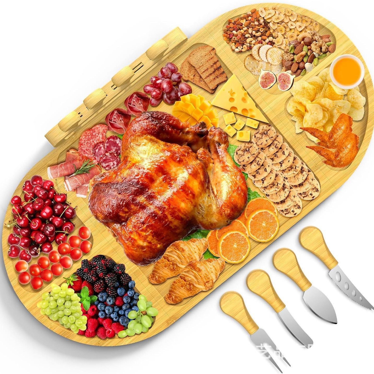 Tablero de comida cocinada de bambú y madera, plato de bocadillos con rejilla conveniente para exteriores, tablero de comida cocinada cuadrado, tabla de cortar para fiesta, tabla de cortar