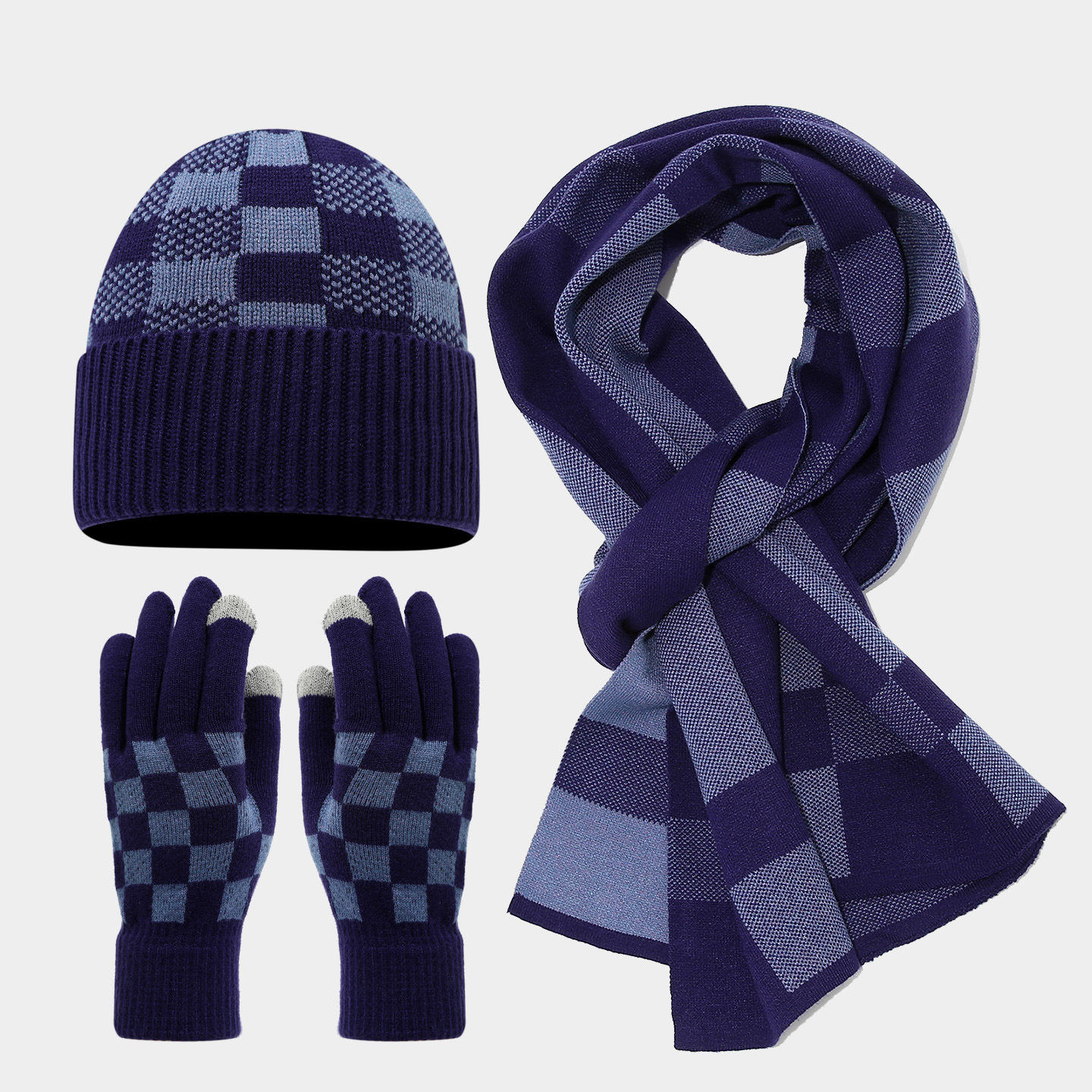 Tablero de ajedrez de malla de lana sombrero bufandas guantes set coreano invierno al aire libre para hombres y mujeres set de calor frío image 10