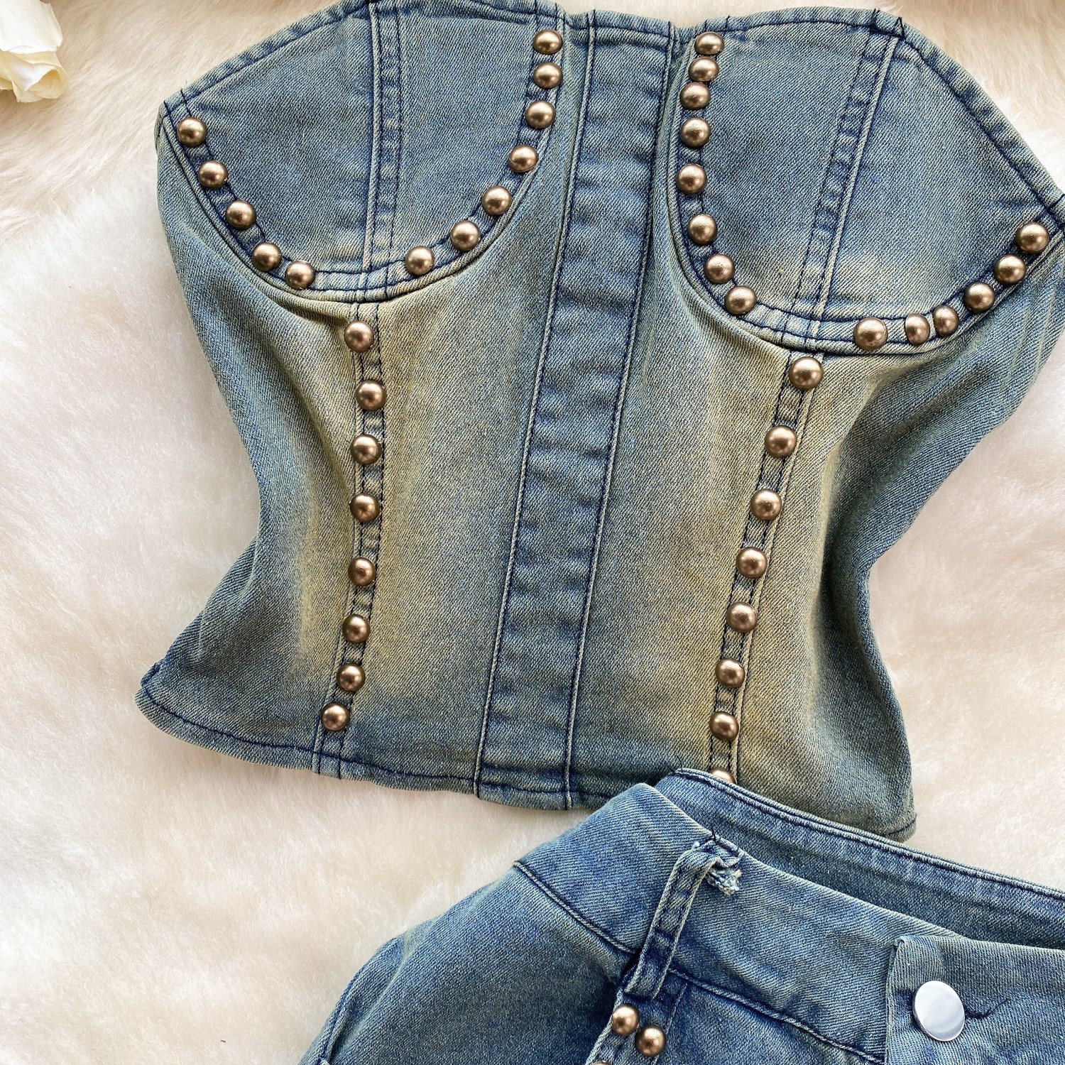Women's Slimming Beaded Denim Suit Sexy Strapless Top High Waist Slightly Flared Length Retro American Two-Piece Outfit_ecoleips.com