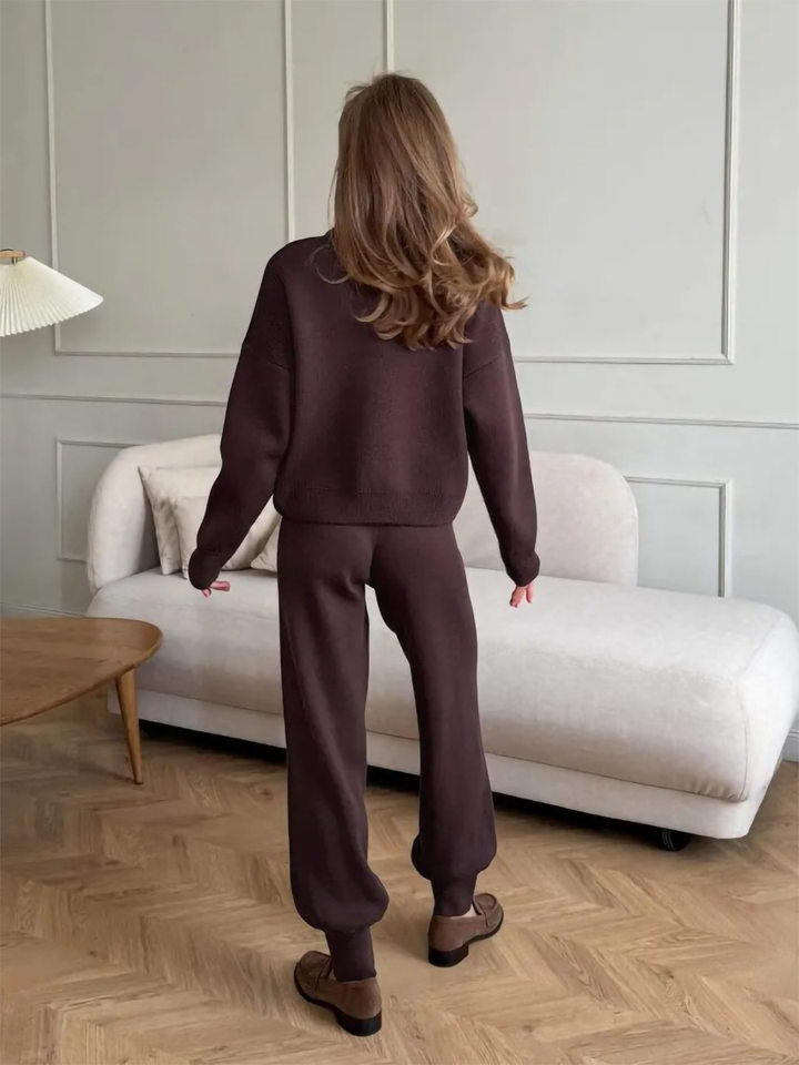 Bộ áo cardigan dệt kim khóa kéo dài tay phối quần ống rộng cho nữ — Màu nâu, Màu trắng, Màu xanh dương chi tiết 8