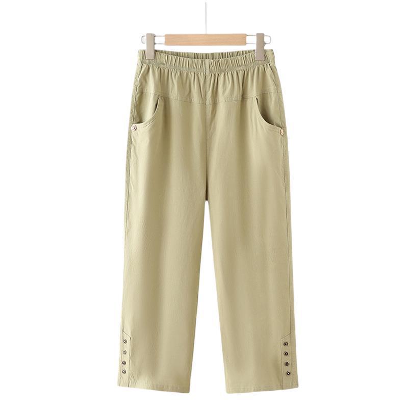 Middle-aged and elderly summer women's pants artificial cotton high waist stretch cropped pants pants mom plus size fashion cropped pants