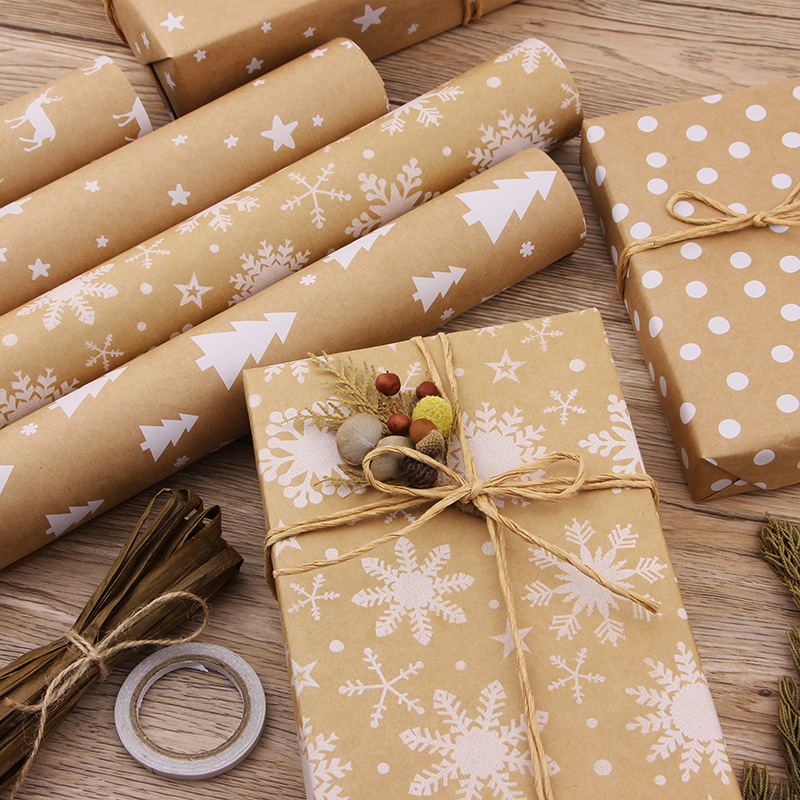 Papel de regalo navideño retro de papel kraft con diseño de copos de nieve, lunares y estrellas de cinco puntas, papel de regalo blanco especial para cajas de regalo, venta al por mayor