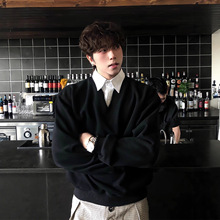 黑色假两件衬衫领卫衣男秋季cleanfit高级感上衣学院风长袖polo衫