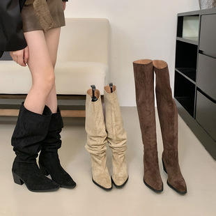 Women's Long Boots Over the Knee 2024 New Knight Boots Autumn and Winter Women's Boots Thick Heel Knight Boots Pleated Heap Boots Long Boots