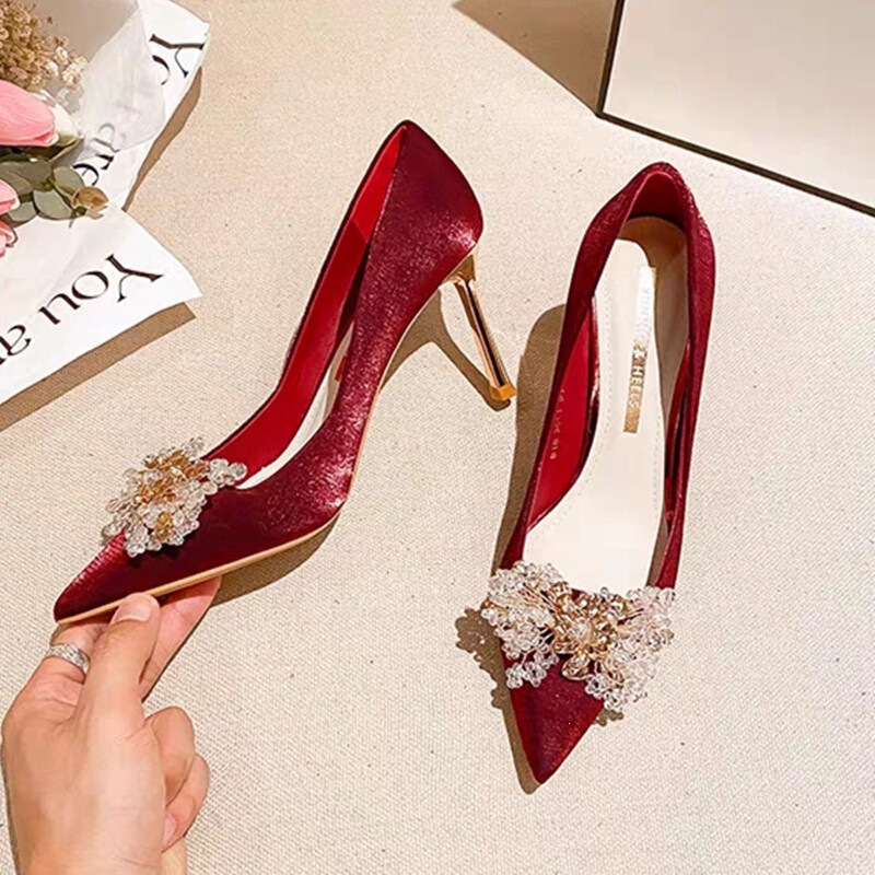 Wedding Shoes, Versatile for Both Wedding Dresses and Maternity Wear, Red High-End Niche Bridal Shoes, French-Style Stunning Sparkling Diamond High Heels