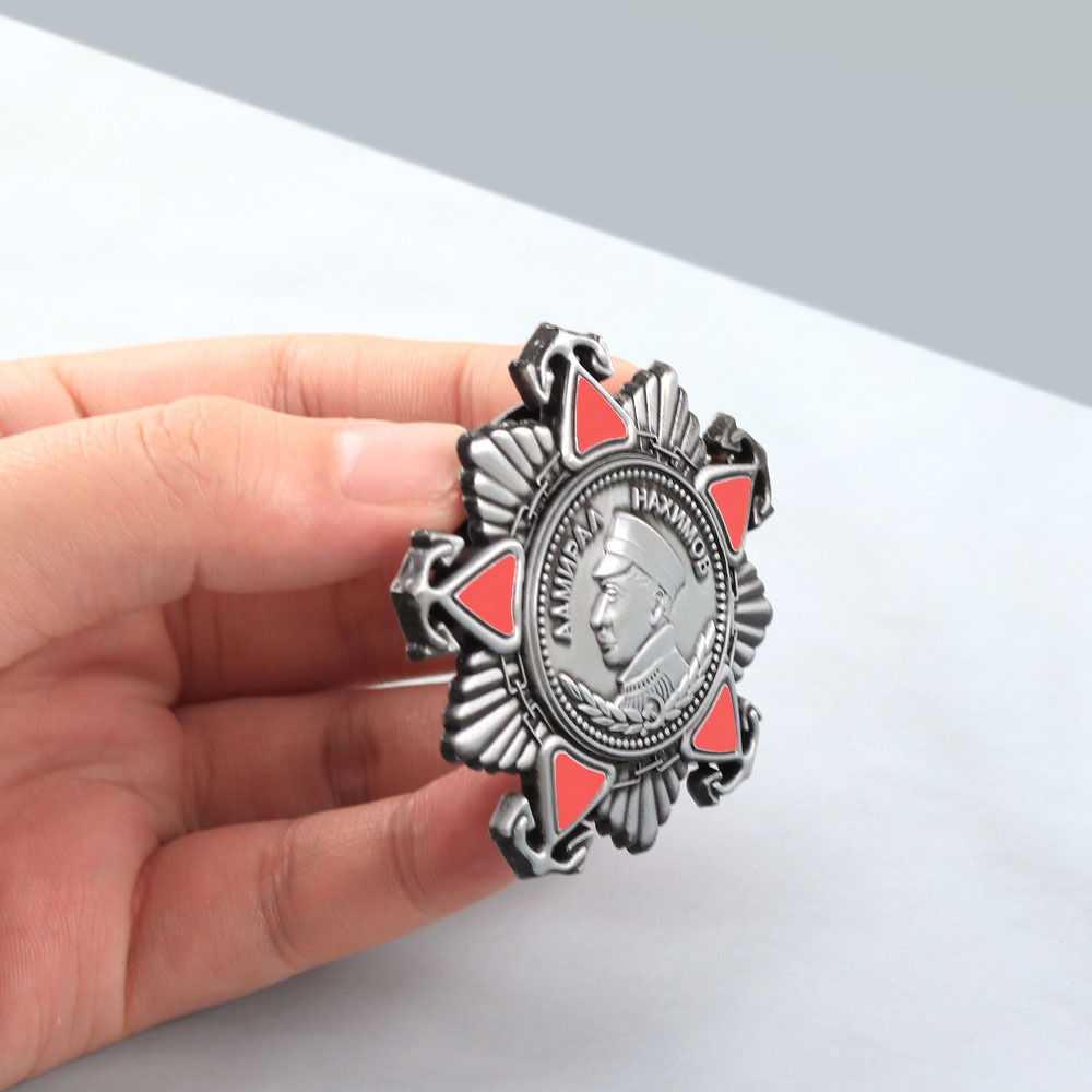 Replica of the Soviet Nakhimov Medal, Vintage Distressed Craftsmanship, Red Enamel Commemorative Badge Collection Pin