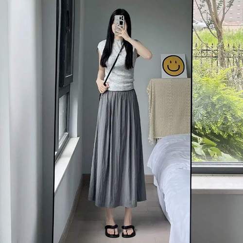 ZHIBAOBI Design Sense Mountain Length Skirt for Women, Elastic Waist High-Waist Slimming A-Line Personality Half-Body Umbrella Skirt, Instagram Style