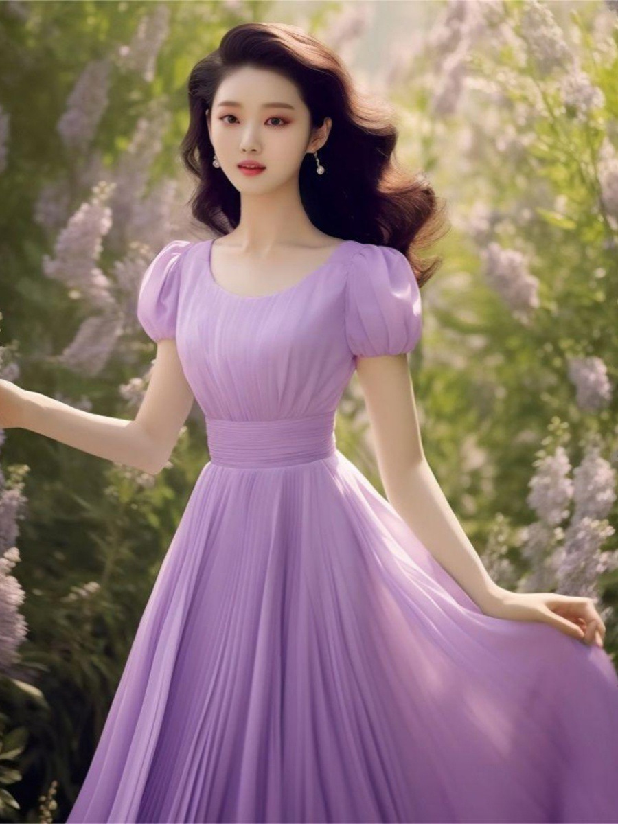 Váy suông nữ midi dáng quả lê màu tím — Màu tím chi tiết 4