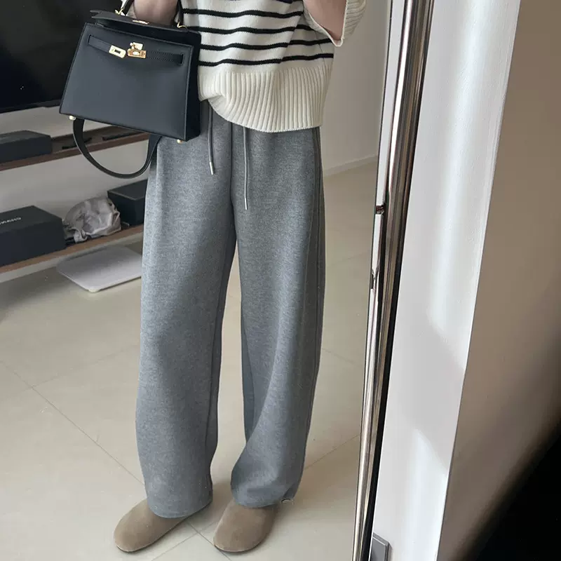 灰色运动可调节束脚卫裤女冬季新加厚保暖垂感休闲卫裤哈伦裤女