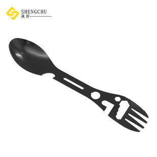 New outdoor multi-function fork spoon wrench bottle opener spoon eight in one camping tableware spoon can opener