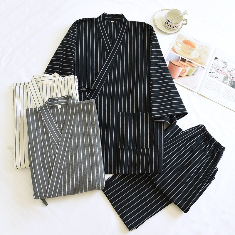 kimono cotton double-layer gauze pajamas men's four seasons thin cropped sleeve trousers vertical stripe japanese style lace-up suit