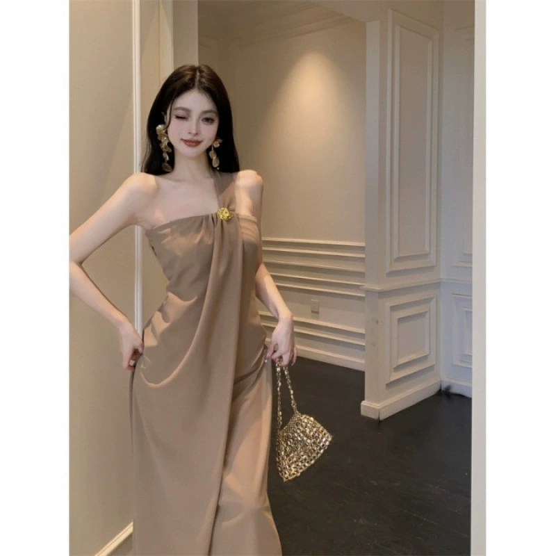 Новое корейское стильное платье Royal Sister с золотым цветком средней длины и разрезом на шее, утягивающее платье-топ для женщин летом