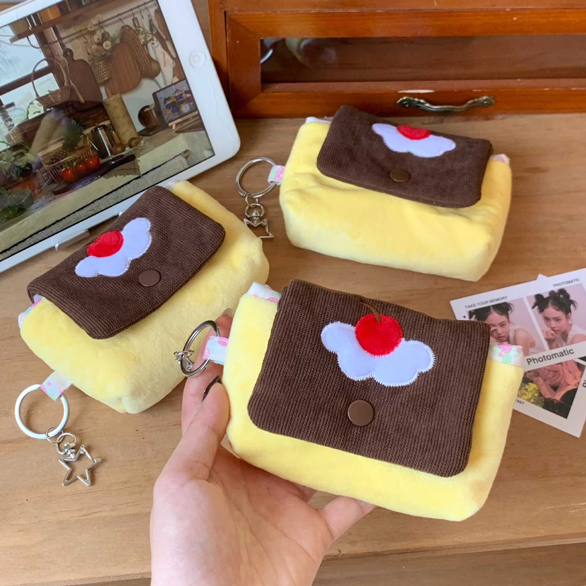 Cute Cherry Pudding Coin Purse Cartoon Mini Plush Portable Small Wallet Multifunctional Storage Card Holder Earphone Bag_maomaolike.com