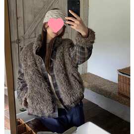 韩系少女宽松磨毛格纹拼接毛绒夹棉外套女冬季加厚保暖