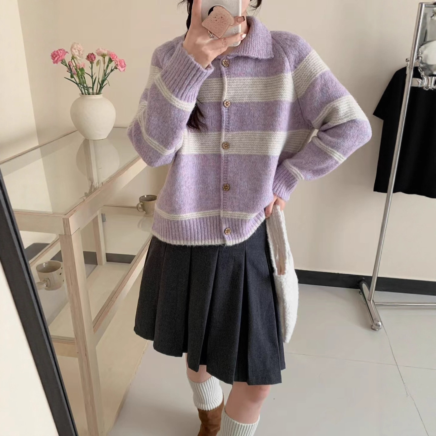 Coreano retro contraste a rayas suéter con solapa Cardigan abrigo de mujeres otoño invierno suelto viento perezoso camiseta de punto pequeña