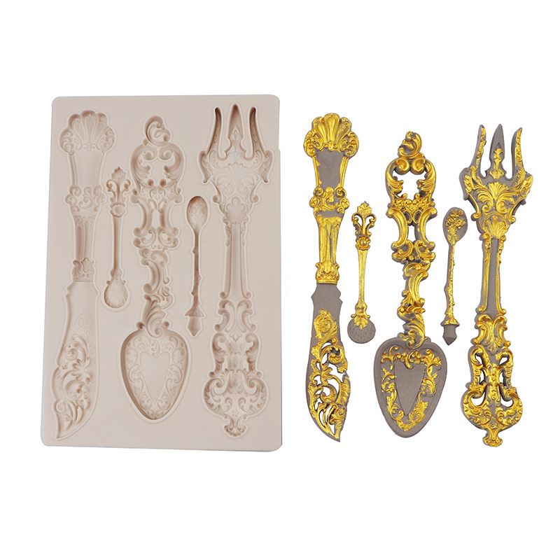 Nuevo occidental vajilla cuchillo tenedor cuchara fondant pastel molde chocolate decorativo molde de silicona epoxi para hornear