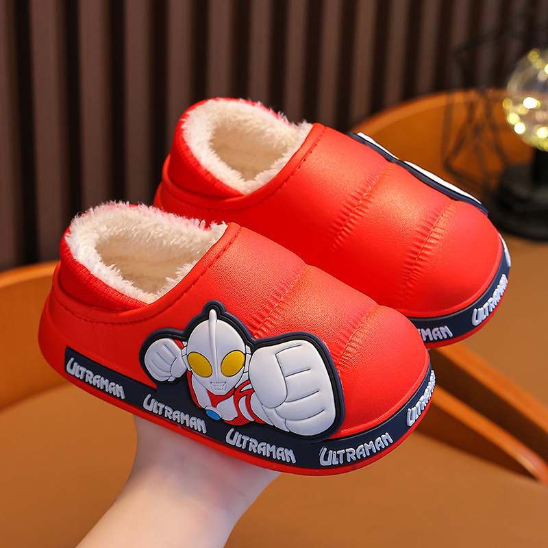 Ultraman Winter Zapatillas de algodón para niños antideslizantes impermeables con forro polar cálido para niños en casa