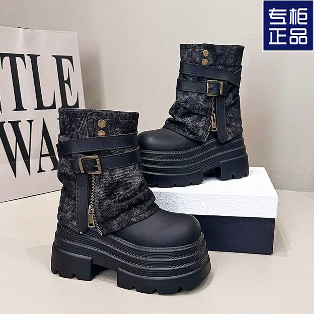 Vintage Melard Boots for Women, Autumn/Winter New Style, Petite Size, 10cm Thick Sole, Height-Increasing Belt Buckle Motorcycle Martin Boots