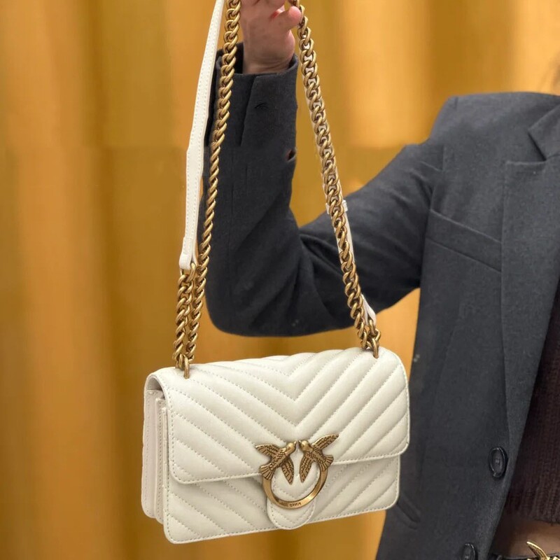 Chinese Valentine's Day Gift Pinko Same Style V-Pattern Goatskin Swallow Bag Genuine Leather Shoulder Armpit Women's Bag High Version Chain Bag