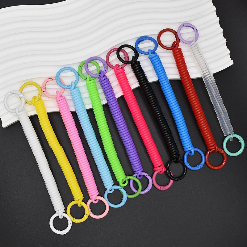 Colorful Telephone Cord Spring Rope Key Chain Plastic Elastic Retractable Anti-Lost Lanyard Double Ring Keychain Pendant Accessories