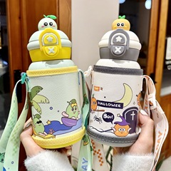かわいい熊子供保温カップ食品級316ステンレスストローコップ漫画動物ストラップ水筒