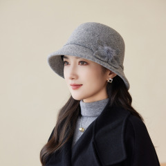 秋冬季韩版时尚羊毛呢盆帽中老年女士保暖优雅花朵气质渔夫帽子潮