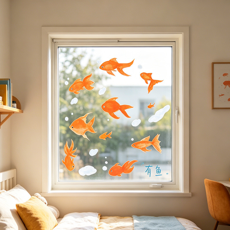 Summer ins-style simple decoration with small fish swimming quickly, suitable for restaurant, shop, window, living room, adhesive glass anti-collision
