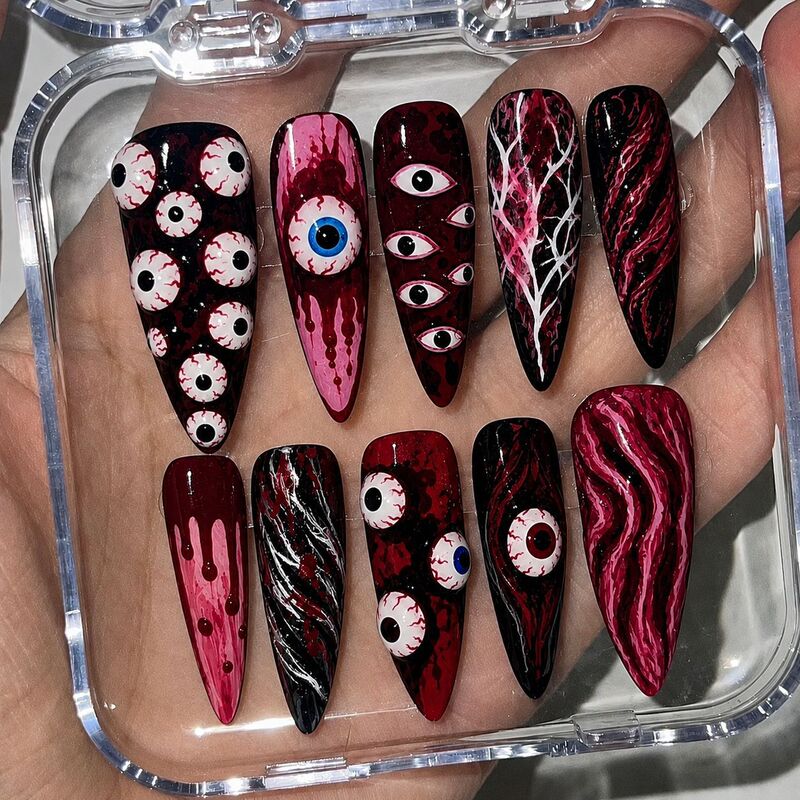 Wm-76 Blood-Red Long Pointed Nail Tips Halloween Gothic Cracked Eyeball Design 24-Piece Wearable Nail Tips Wholesale