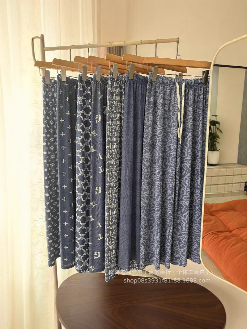 Pantalones anchos de mezclilla de imitación de seda de hielo para mujer, pantalones casuales de impresión fresca de verano 2025, pantalones frescos delgados de cintura alta drapeados image 1