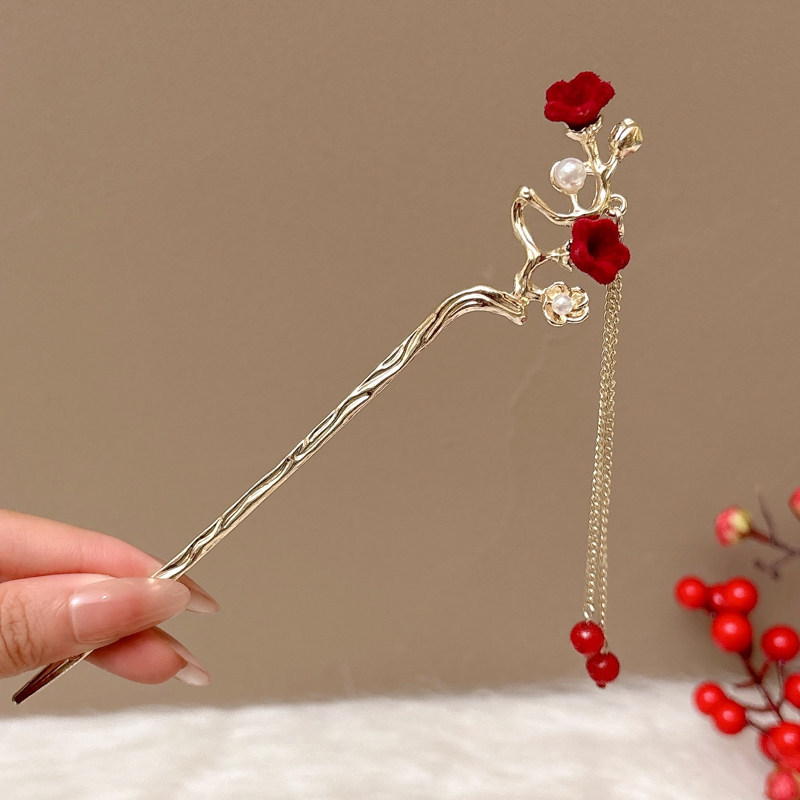 Nueva horquilla de flores de estilo antiguo chino, horquilla de sentido avanzado moderno, horquilla de cabello femenino, horquilla de Hanfu, tocado de horquilla de madera