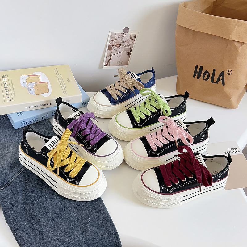 Hong Kong Style Niche Black Thick-Soled Canvas Shoes for Women 2025 New Early Autumn Versatile Student Sneakers Sports Shoes H1323