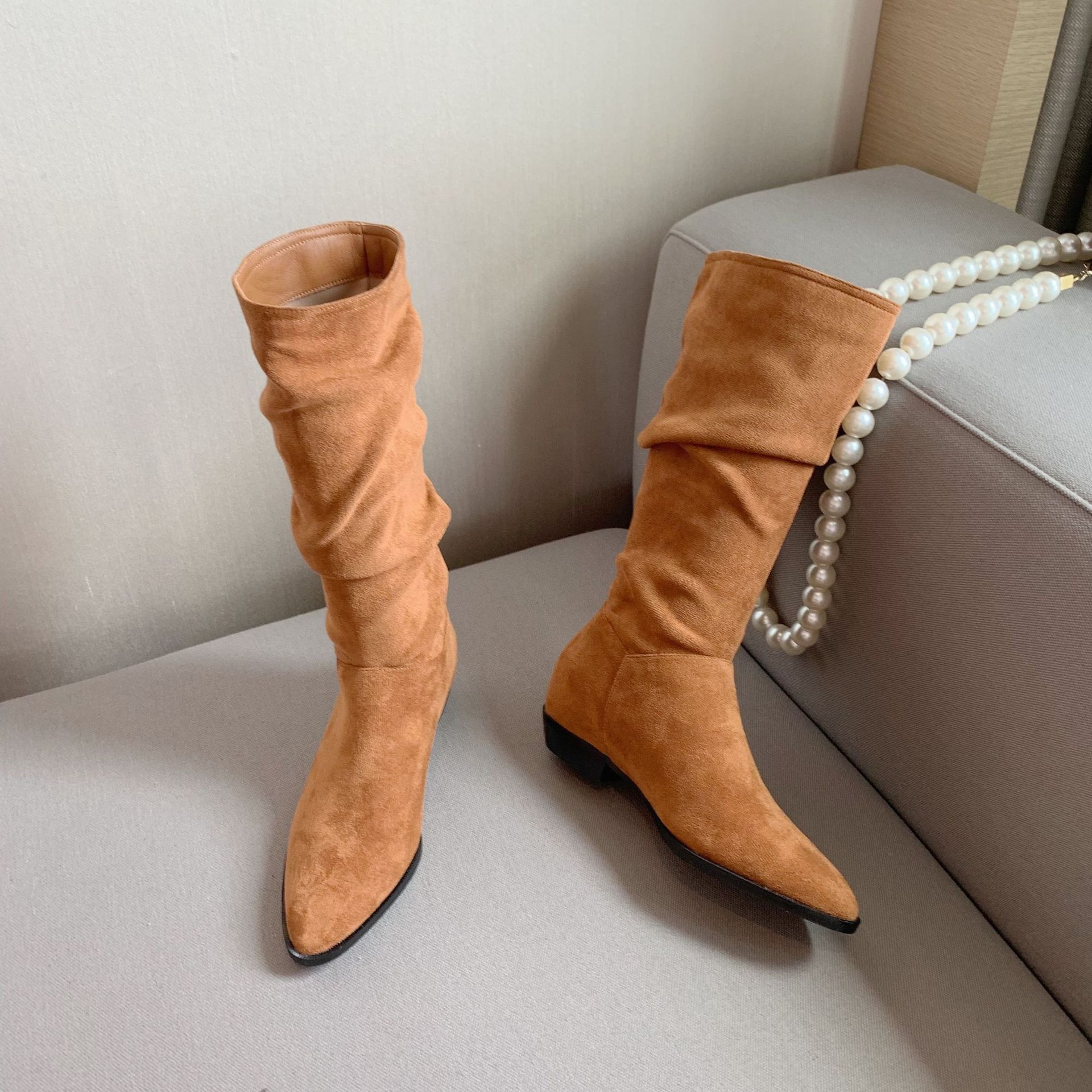 Nuevas botas vaqueras retro de tacón grueso con punta en pico y aumento de altura, botas delgadas a media pantorrilla para mujer 2894-3, tendencia retro.