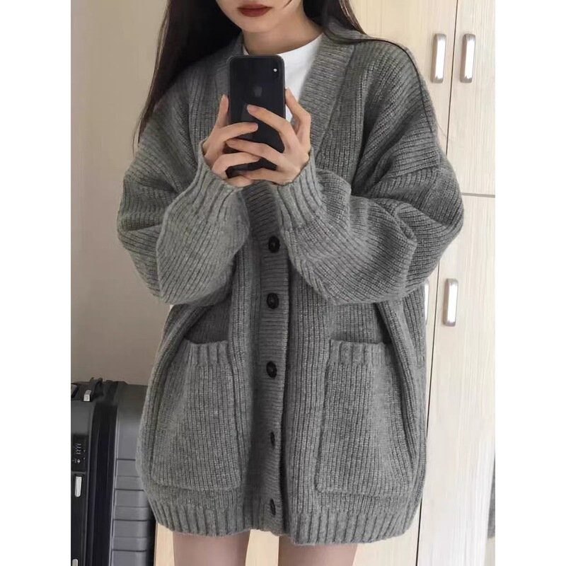 Japanese and Korean Large Size V Neck Lazy Style Cardigan 2025 New Simple Knitwear Women's Spring Autumn Winter Casual Loose Knitwear