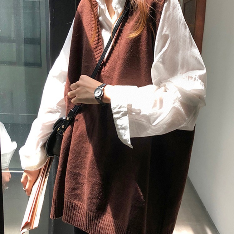 2025早春の韓国版vネックのオープンフォークニットのベスト女性のゆったりとした純色が見えます。|undefined