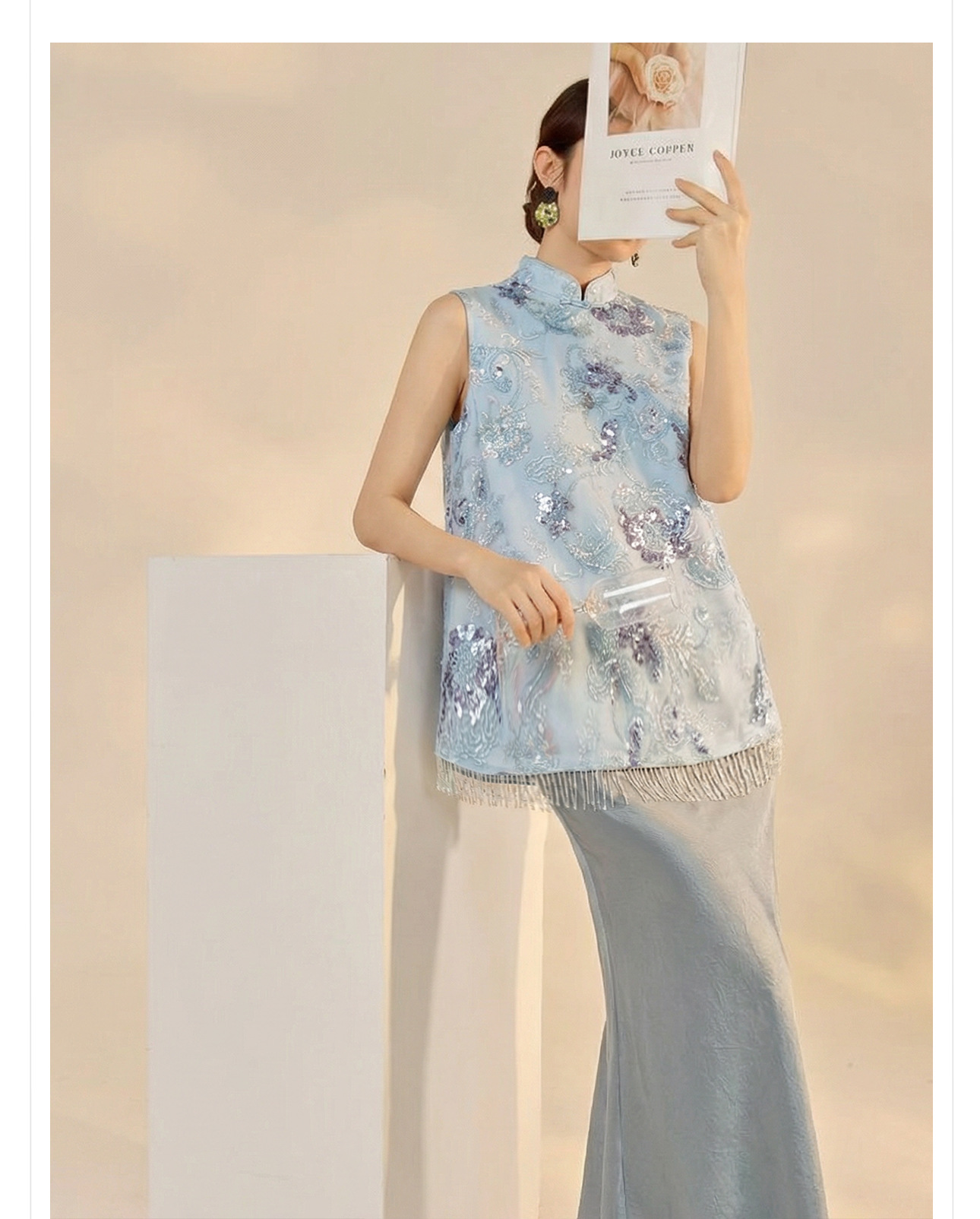 Áo gile nữ thêu sequin tua rua phong cách tân cổ điển xuân hè — xanh lam, màu mơ chi tiết 13