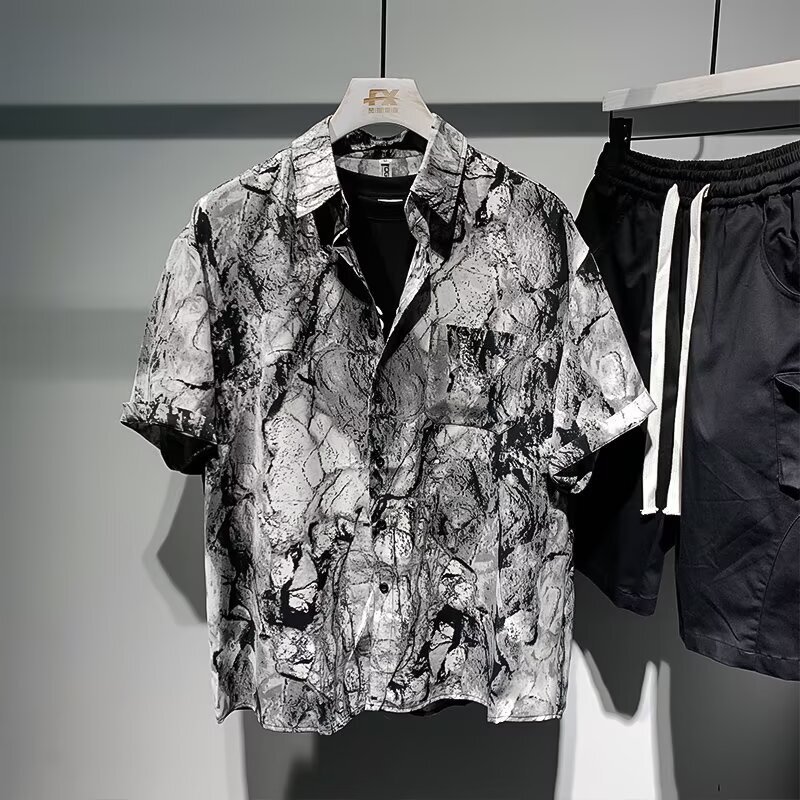 high quality Summer Thin New Marble Textured Ice Silk Shirt Men's Design Casual Short Sleeve Shirt