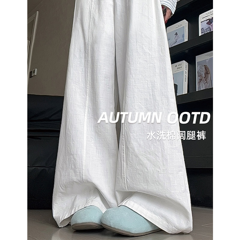 White Linen and Ramie Textured Wide-Leg Pants for Women, Autumn High-Waisted Loose Old Money Style Suit Straight Cotton and Linen Casual Pants