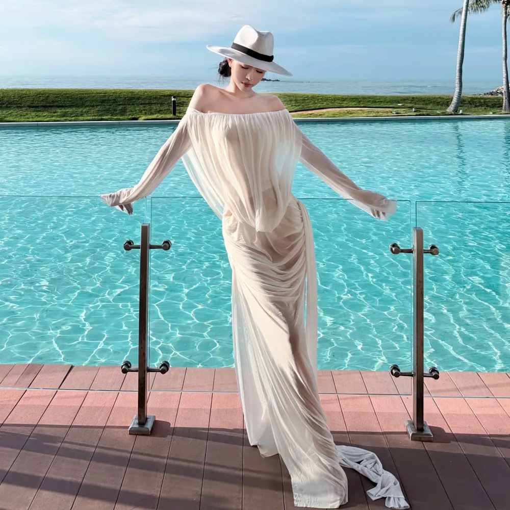 European and American Style 2026 New Bikini Pure Desire Three-Piece Set Mesh Solid Color One-Shoulder See-Through Long Dress Swimwear Sexy