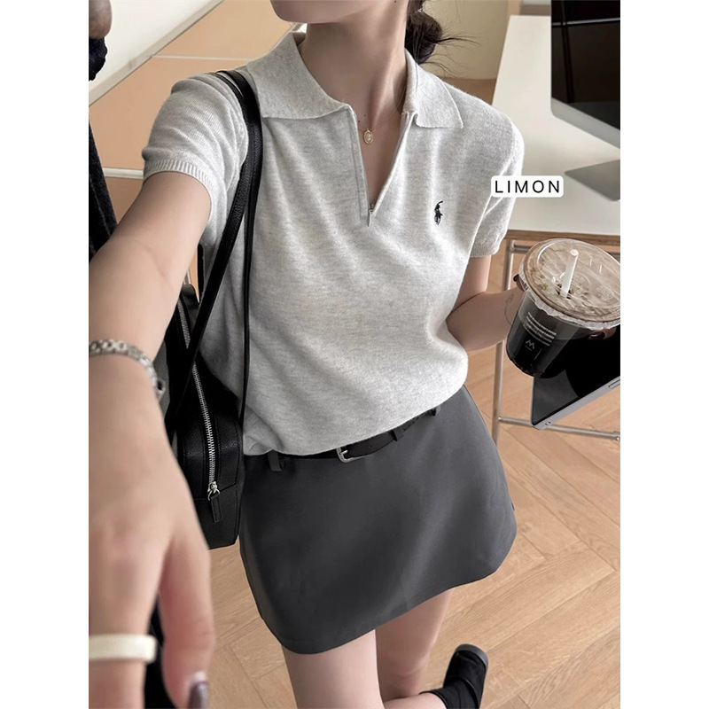 High-end Polo Collar Sweater Women's Summer New Korean-style Ice Silk Short-sleeved T-shirt Slimming Short Shoulder Top